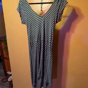 Source Unknown Blue and Orange Striped Midi Dress